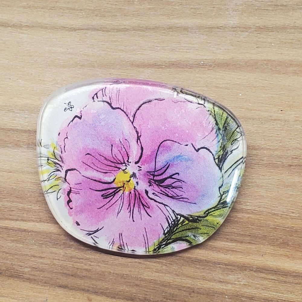 VTG Eyeglass Lens Reverse Painted Floral Brooch Pin Handmade Hibiscus